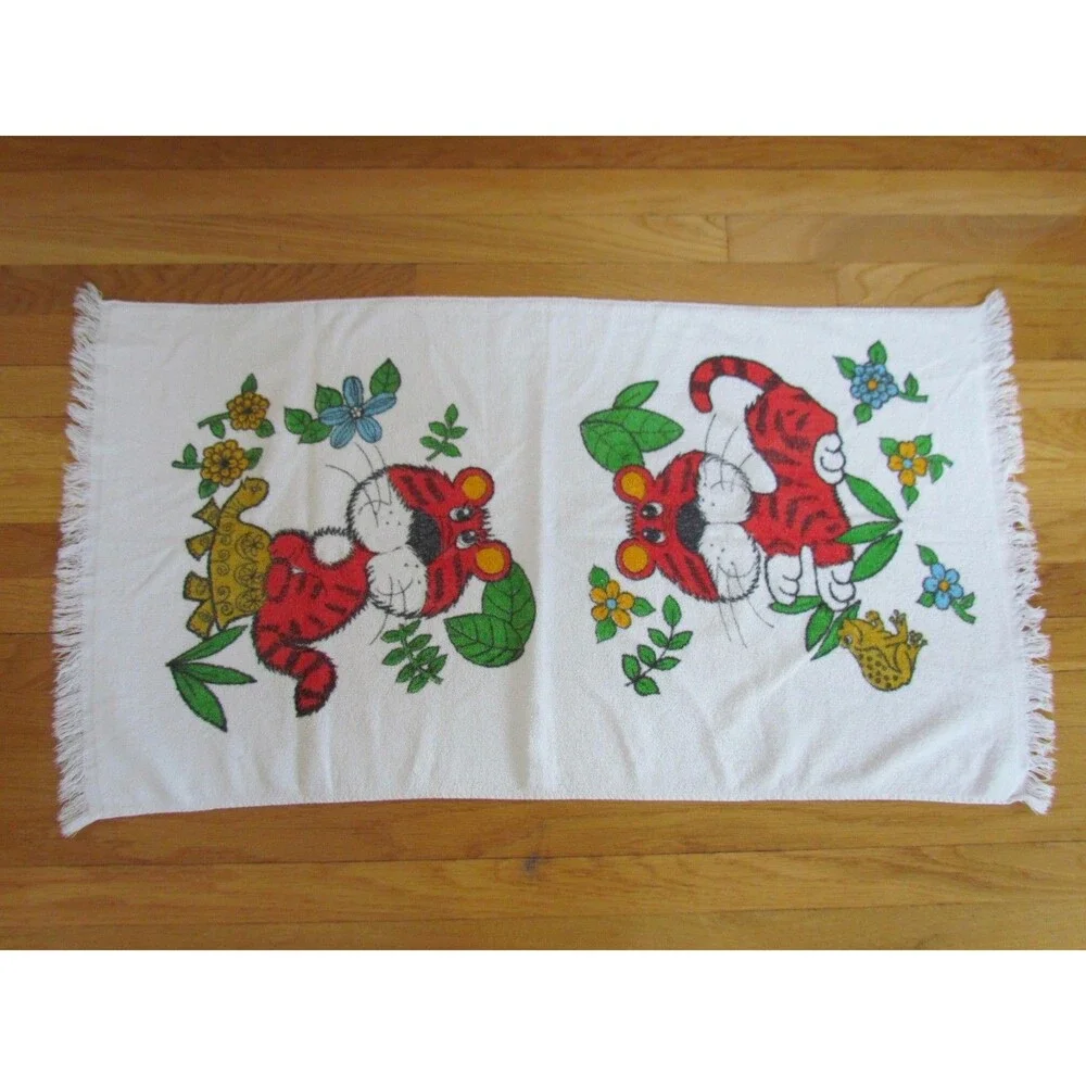 Vintage 1970s Cannon Bath Towel Monticello Tiger Frog Turtle Fringed